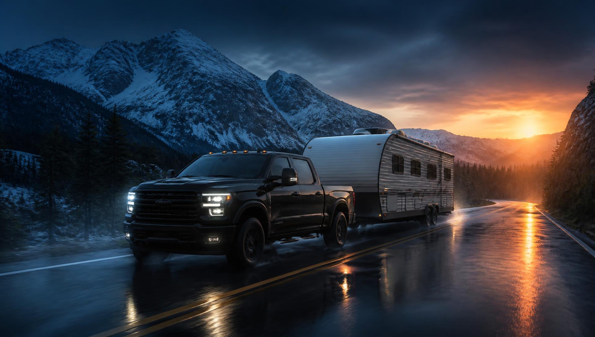 Pickup truck towing a bumper-pull travel trailer on a mountain highway at sunset